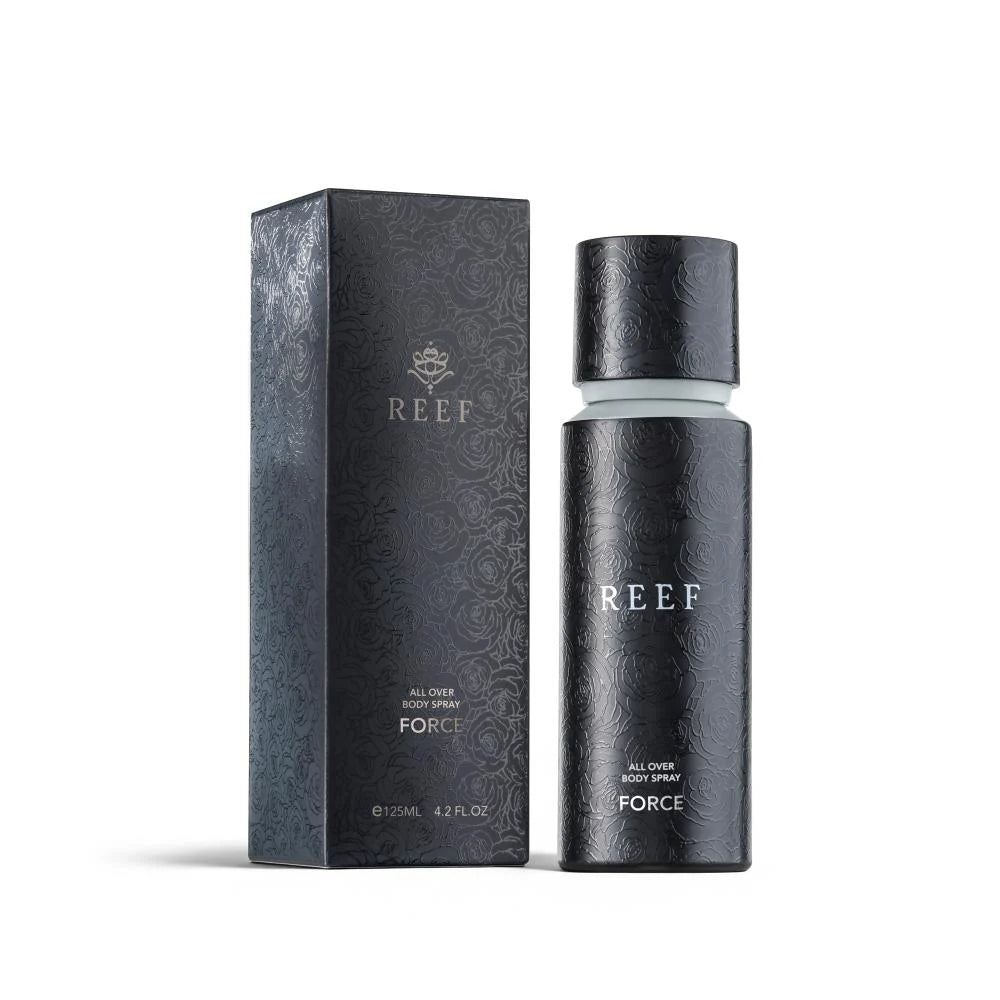 REEF Force All Over Body Spray in elegant black rose-patterned bottle and box