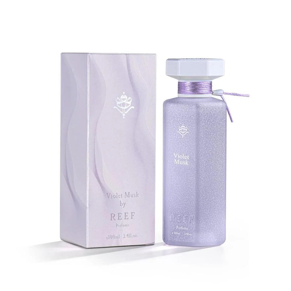 Violet Musk perfume bottle and box, elegant lavender design with shimmering finish