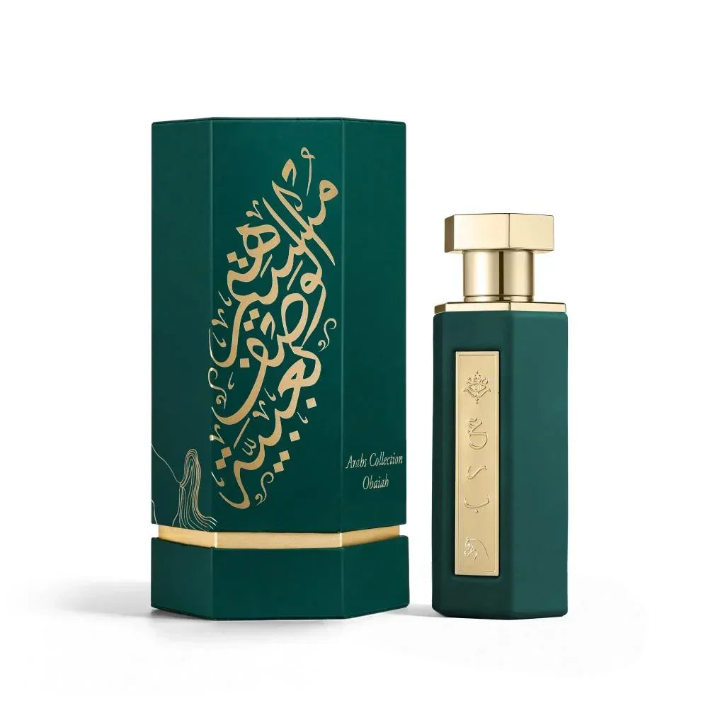 Luxury green perfume bottle with gold Arabic calligraphy, Obaiah from Arabi Collection, evoking Oriental scents