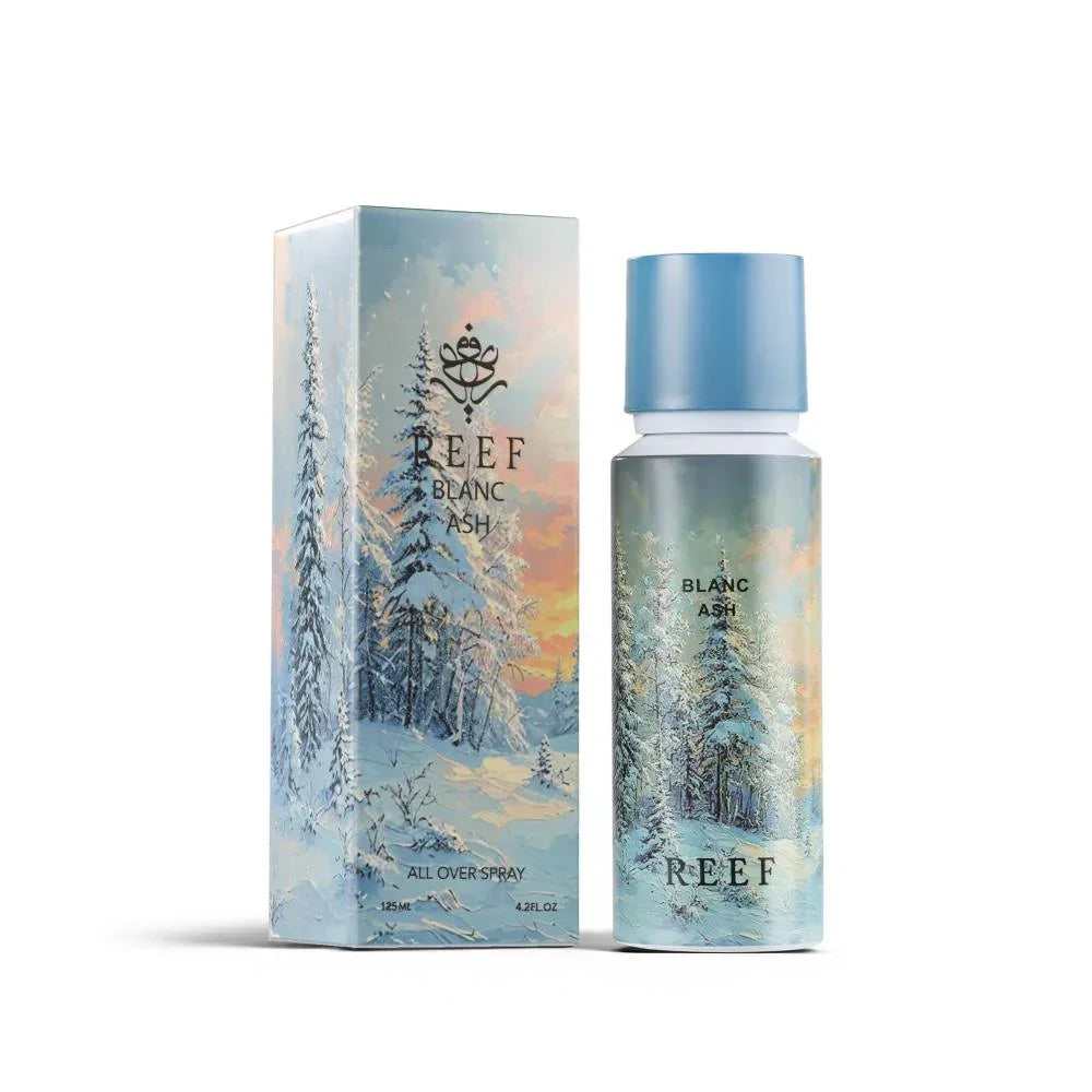 REEF Blanc Ash all over spray with snowy forest design, 125ml bottle and box