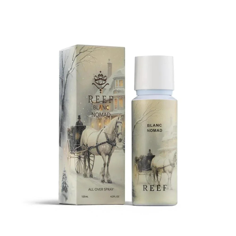 REEF Blanc Nomad all over spray with winter carriage artwork, 125ml bottle and box