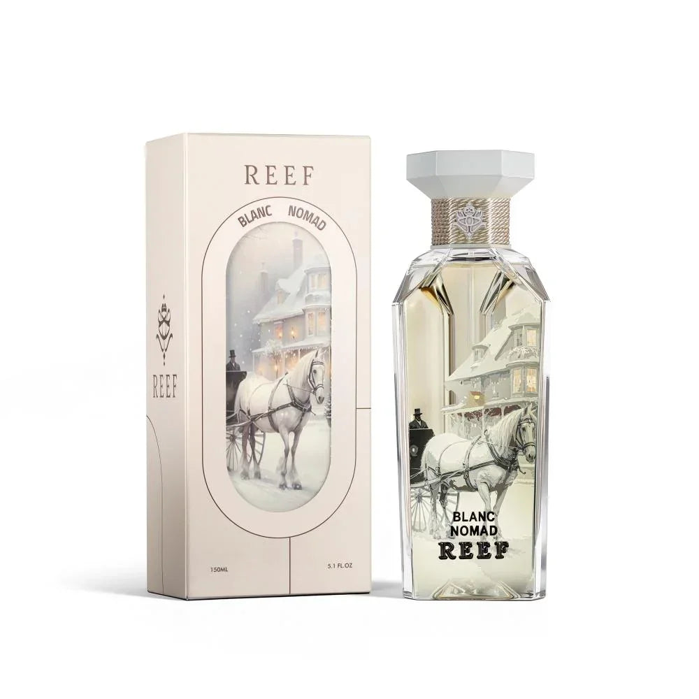 Blanc Nomad perfume bottle and box featuring a horse-drawn carriage in a snowy scene