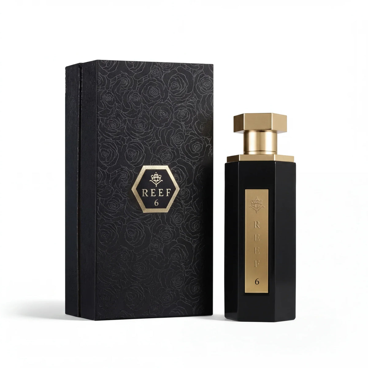REEF 6 luxury perfume bottle with black rose-patterned box, gold accents, elegant unisex fragrance