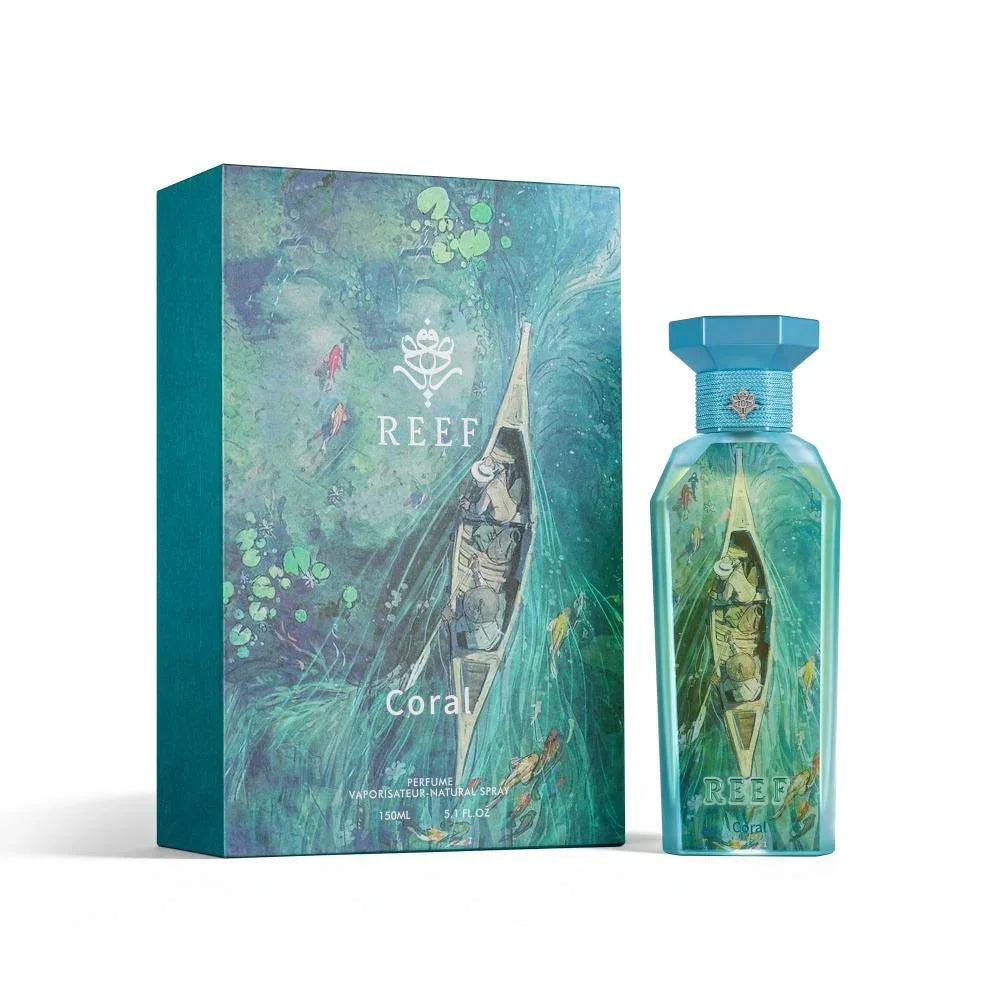 REEF Coral perfume bottle and box with aquatic artwork, evoking oceanic freshness and luxury fragrance