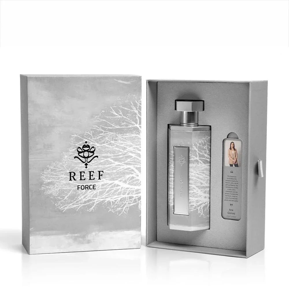 REEF Force perfume bottle in elegant silver gift box with tree design