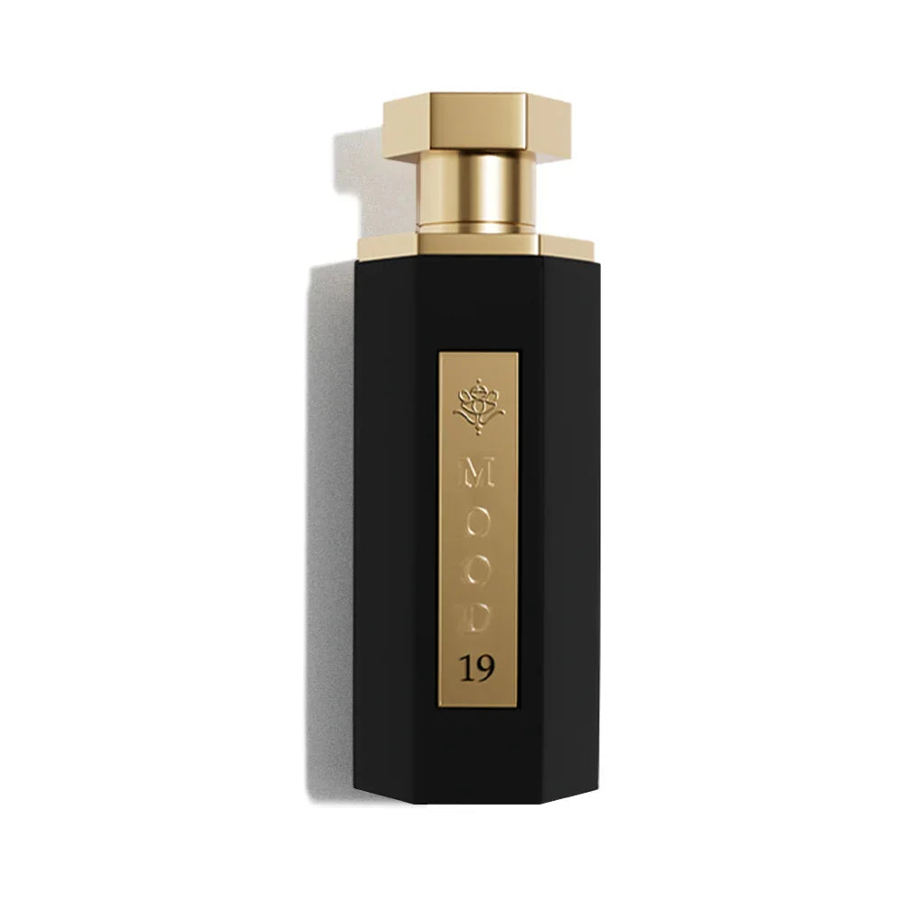 Elegant black perfume bottle with gold cap and 'MOOD 19' label, evoking luxury and oriental scents