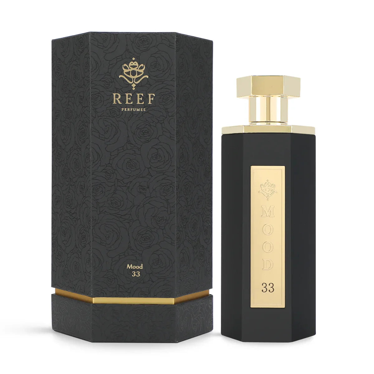 REEF Mood 33 perfume bottle and box with elegant black and gold design