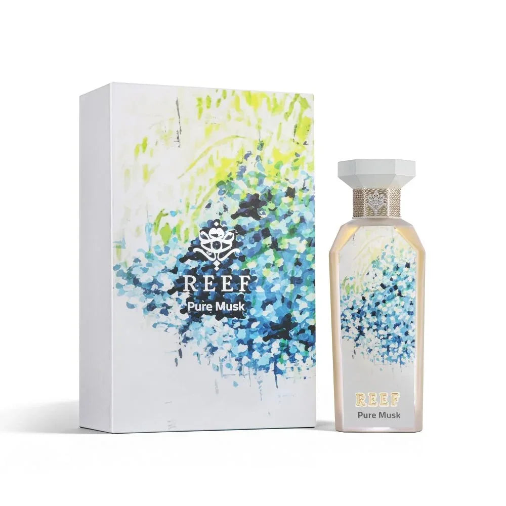 REEF Pure Musk perfume bottle and box with floral blue-green design
