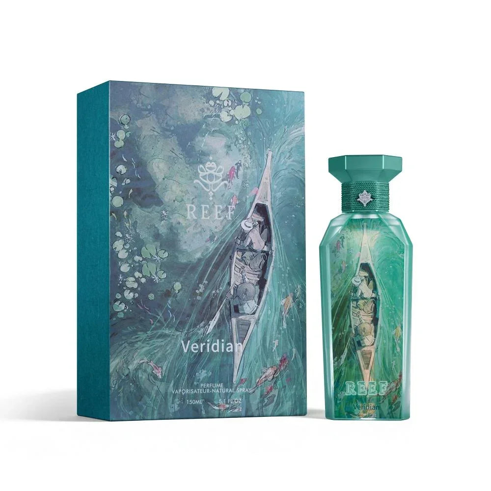 Veridian perfume bottle and box with artistic canoe design, evoking oriental garden vibes