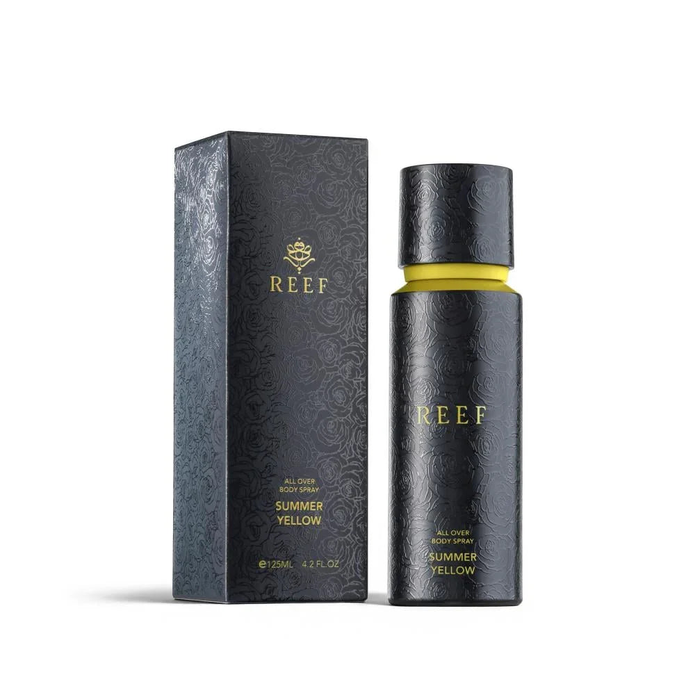 REEF Summer Yellow all over body spray with black rose-textured bottle and box, 125ml