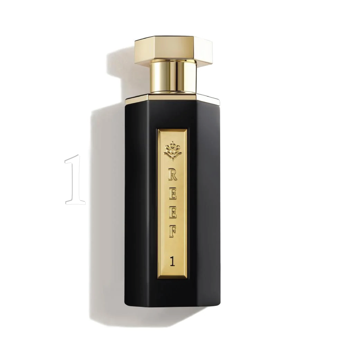 Elegant black perfume bottle with gold accents and REEF 1 label, evoking luxury and oriental fragrance notes