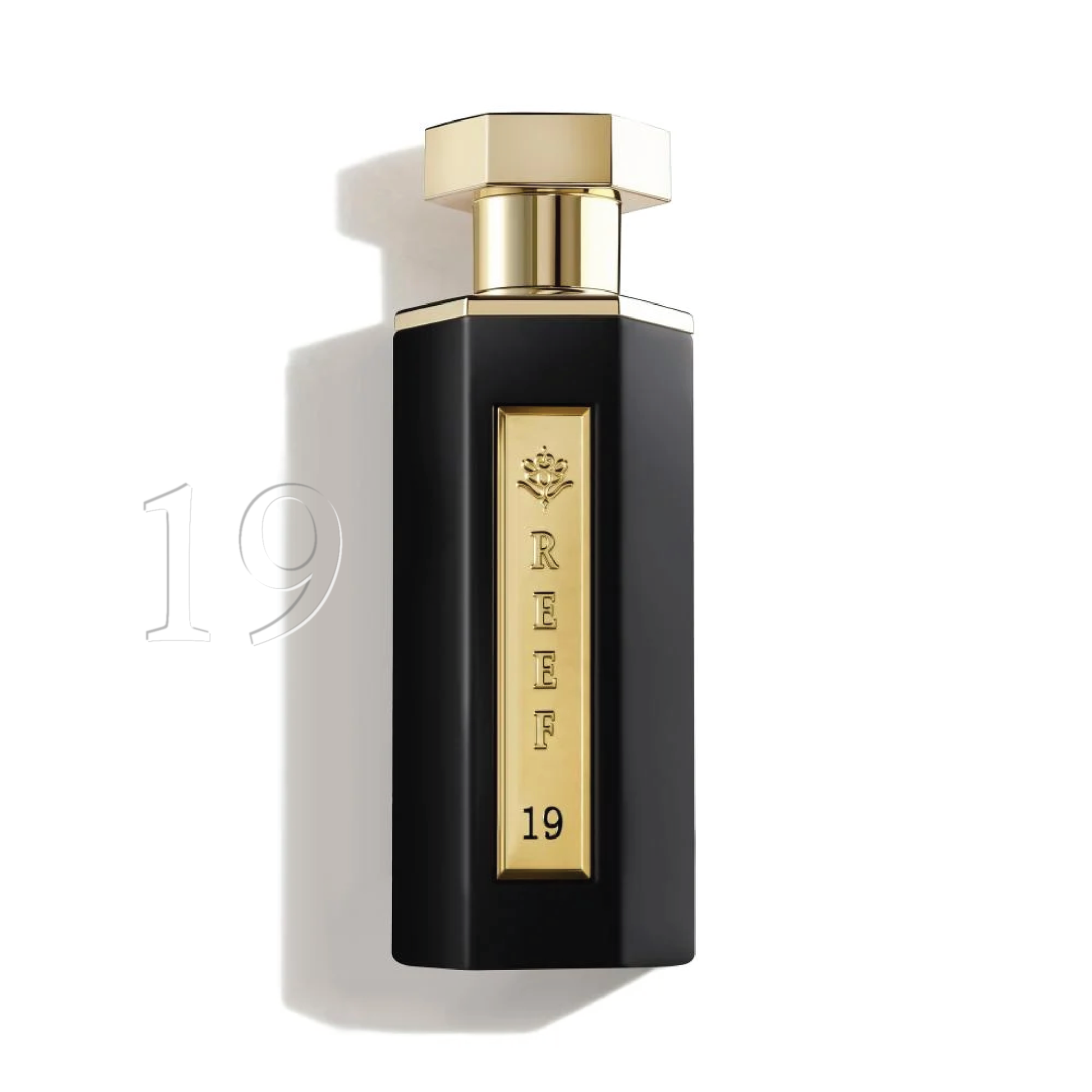 Elegant black and gold REEF 19 perfume bottle with luxurious design