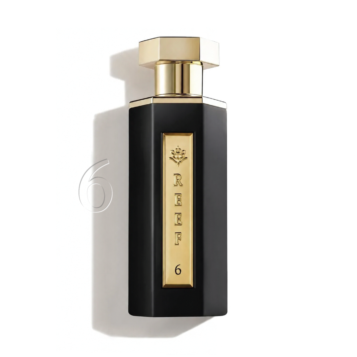 Elegant black and gold REEF 6 perfume bottle with luxury design