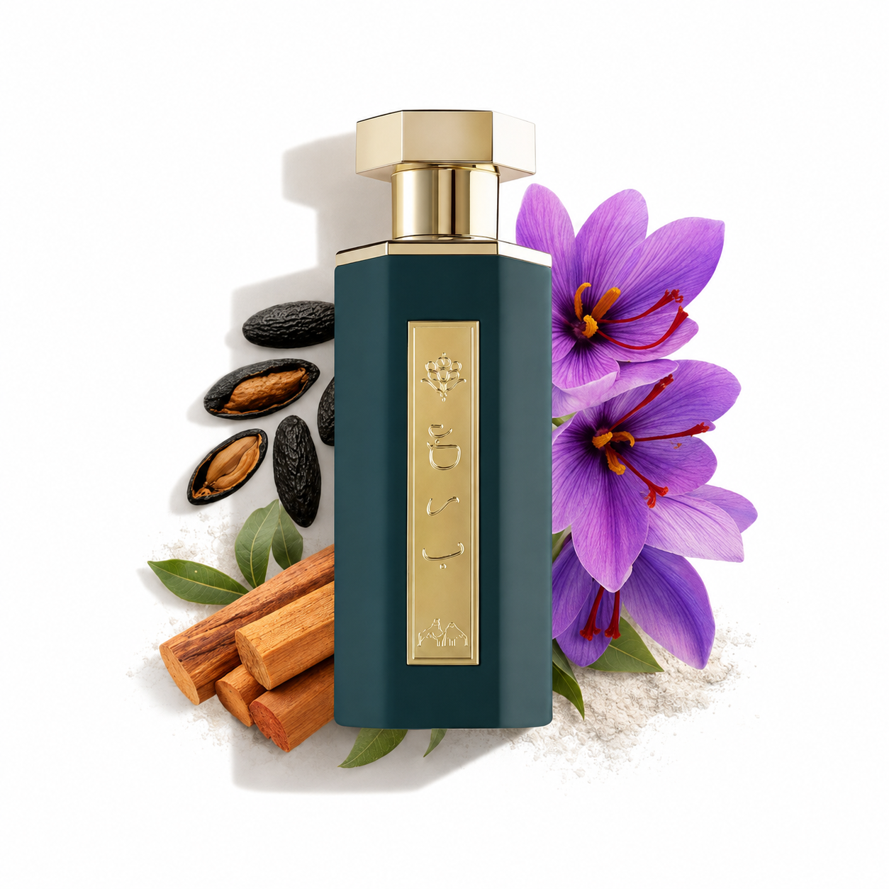 Luxury perfume bottle with saffron flowers, cinnamon sticks, and exotic spices for oriental fragrance