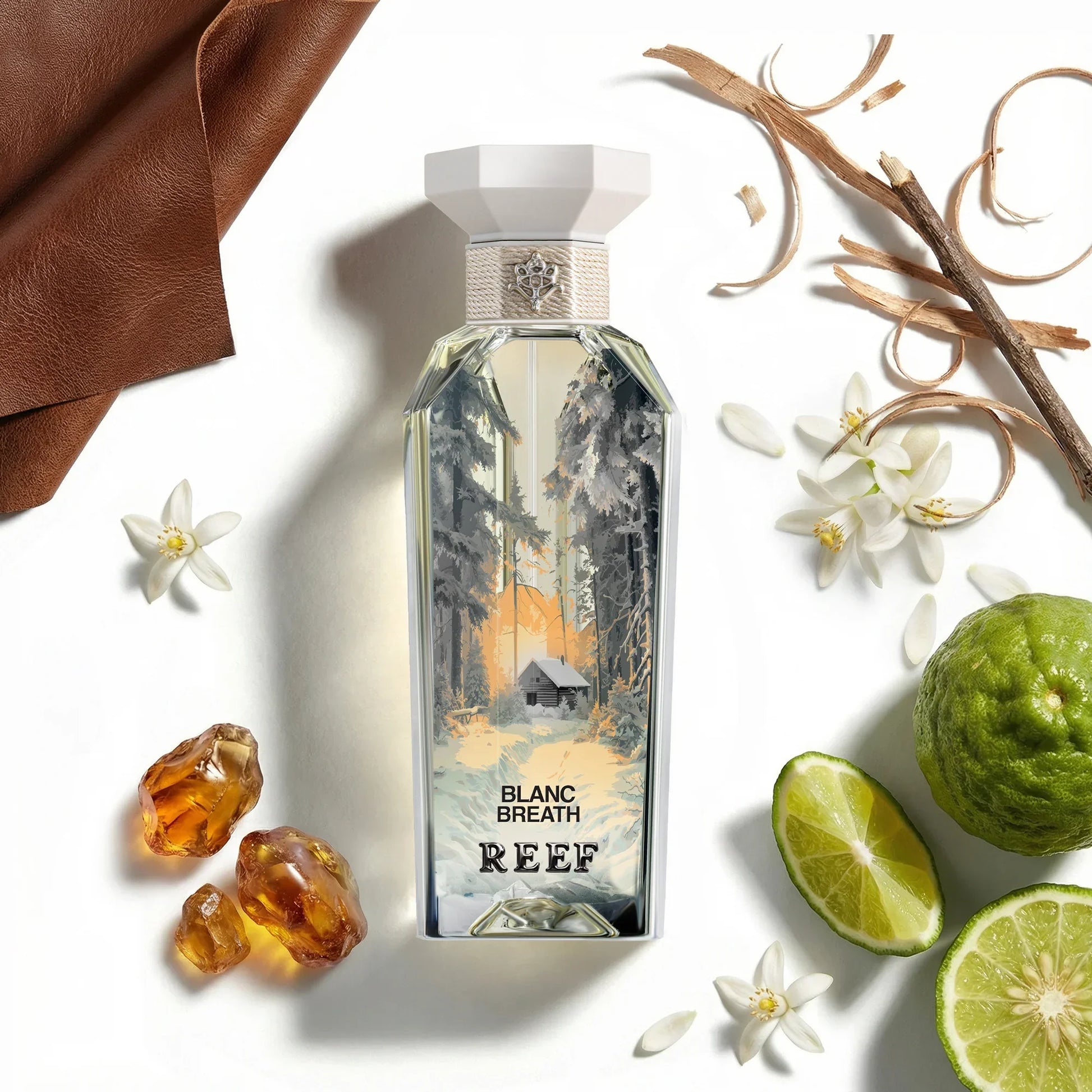 Blanc Breath REEF perfume bottle with winter forest design, surrounded by citrus, amber, and white flowers