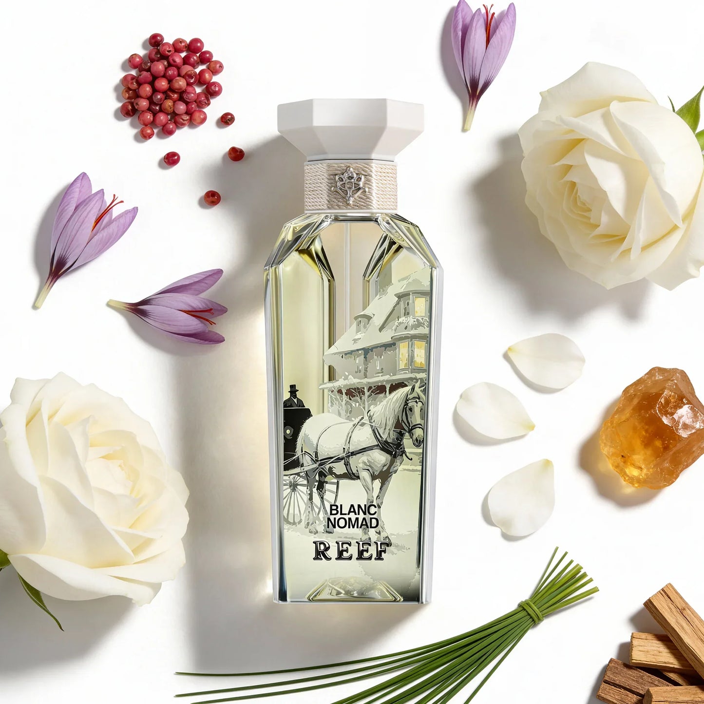 Blanc Nomad perfume bottle with white roses, saffron, and spices, evoking oriental fragrance notes