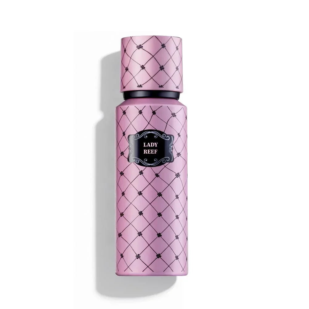 Pink Lady Reef perfume bottle with diamond pattern and elegant label design