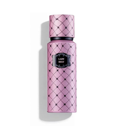 Pink Lady Reef perfume bottle with diamond pattern and elegant label design