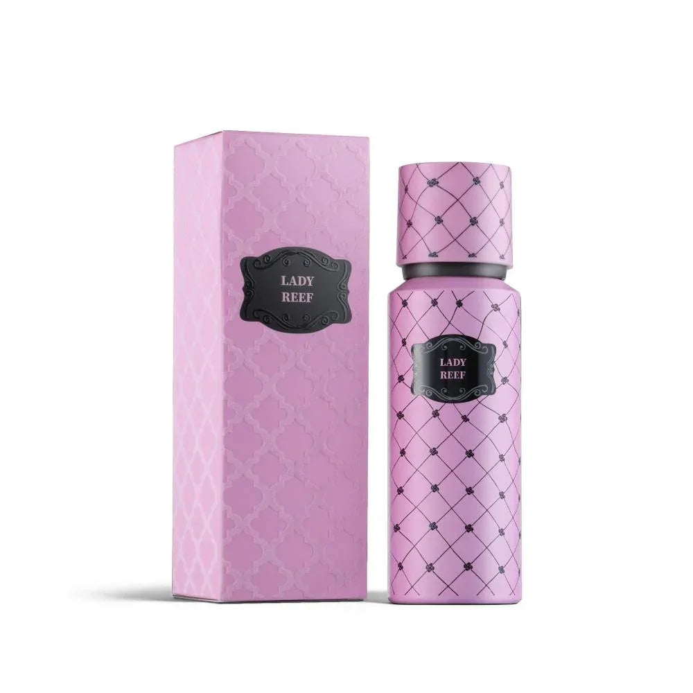 Lady Reef perfume bottle and box with pink quilted design and elegant black label