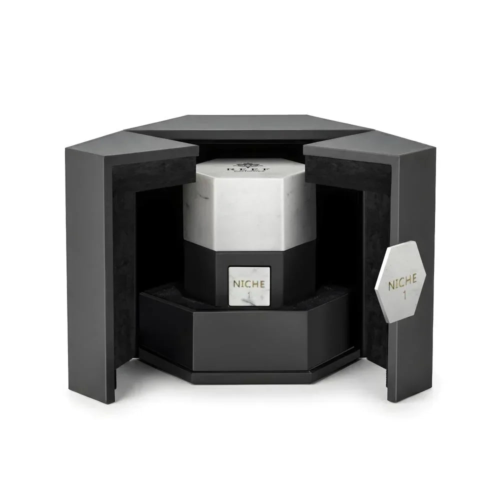 Niche 1 luxury perfume bottle in hexagonal black box, marble design, Oriental fragrance collection