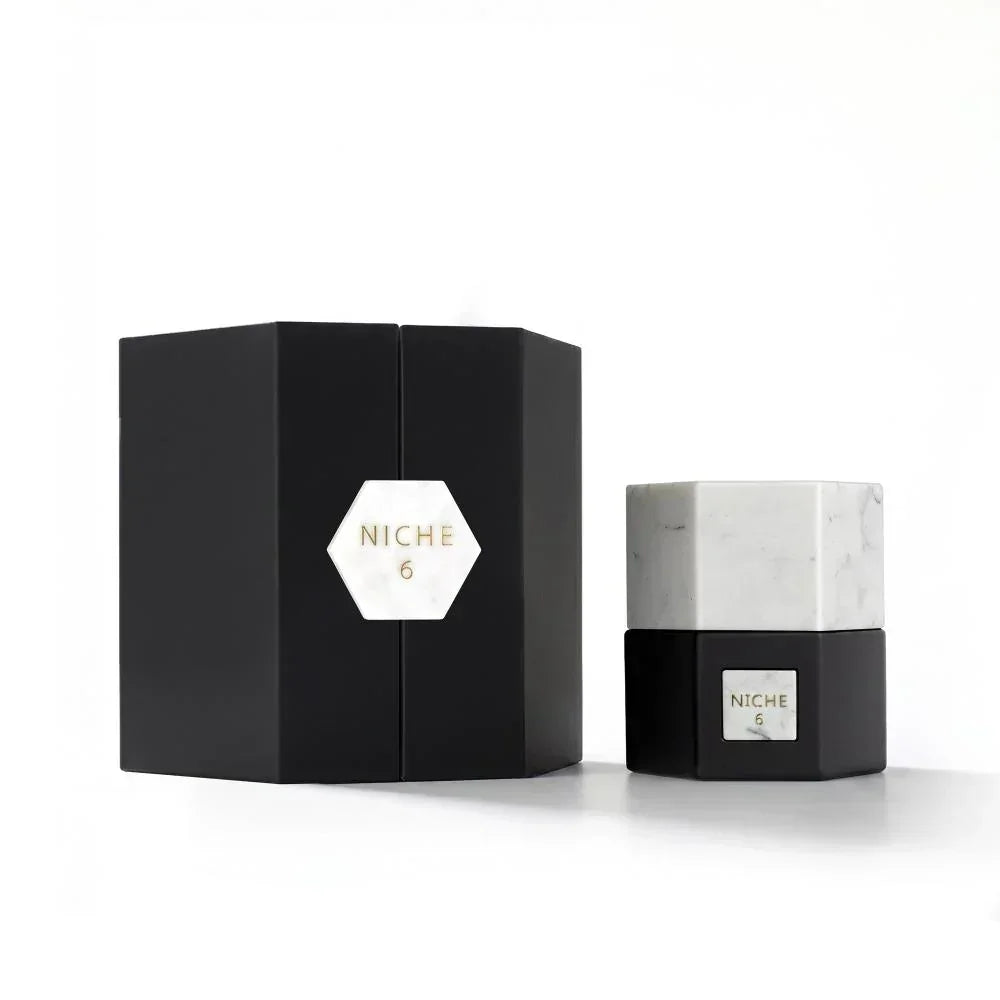 Niche 6 luxury perfume bottle with marble cap and black box, elegant fragrance packaging