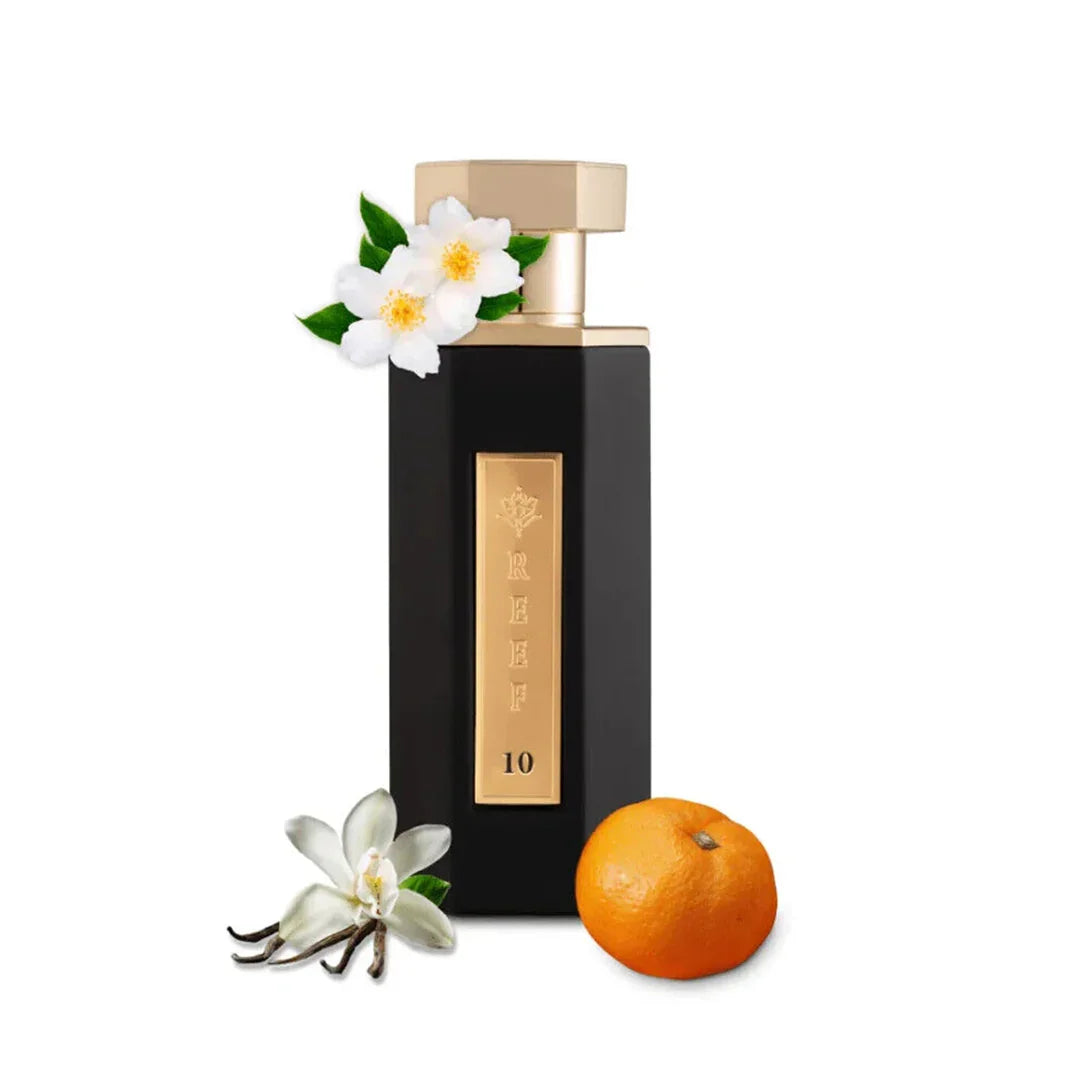Luxury black perfume bottle with gold cap, jasmine, vanilla, and orange notes for oriental fragrance