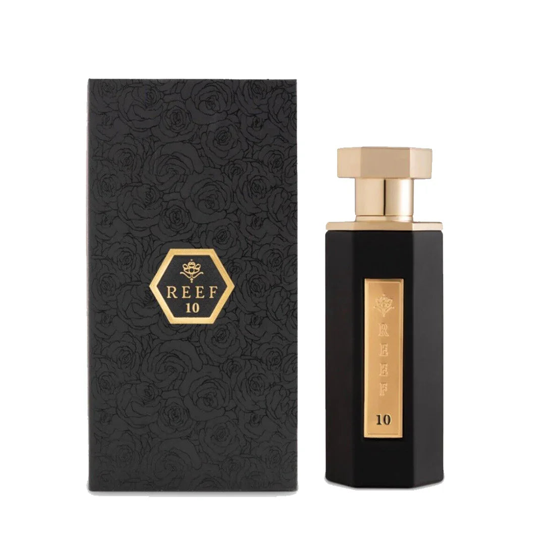 REEF 10 luxury perfume bottle and box with gold accents and rose pattern