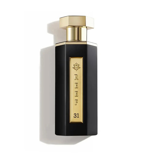 Luxury black perfume bottle with gold cap and REEF 31 label, evoking Oriental fragrance notes