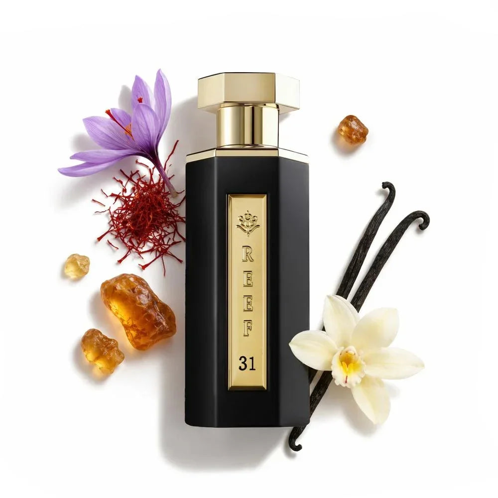 REEF 31 perfume bottle with saffron, vanilla, and amber notes for oriental fragrance