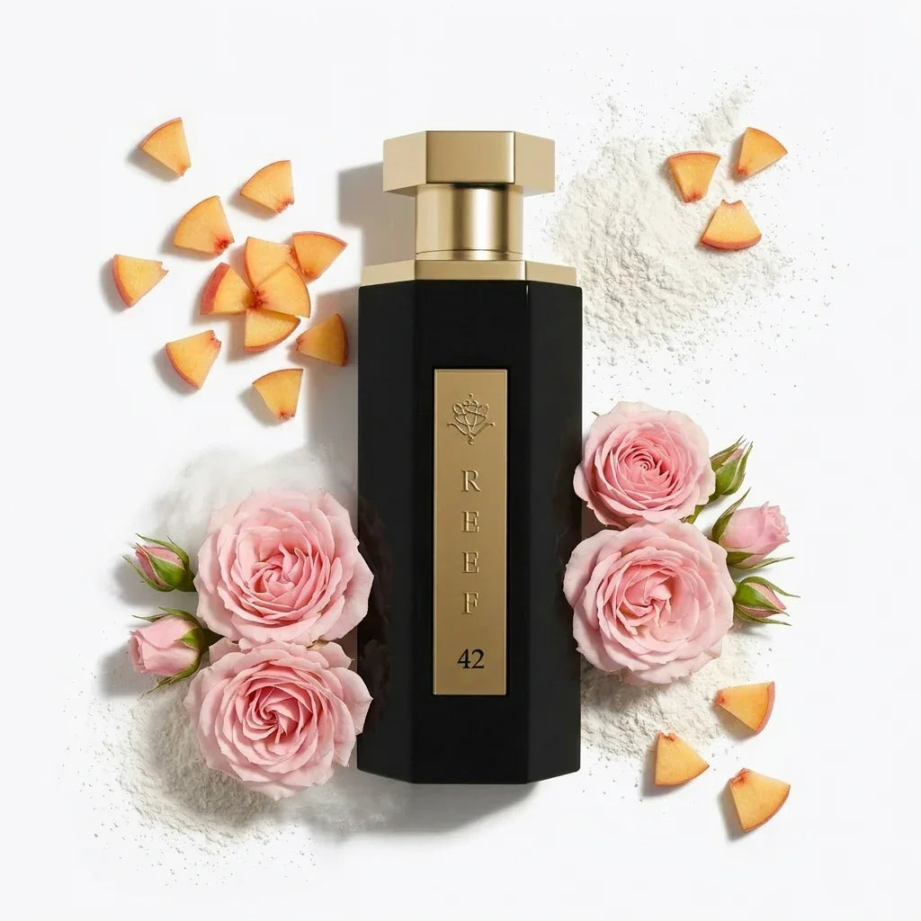 REEF 42 perfume bottle with pink roses and peach slices, evoking Arabian garden notes