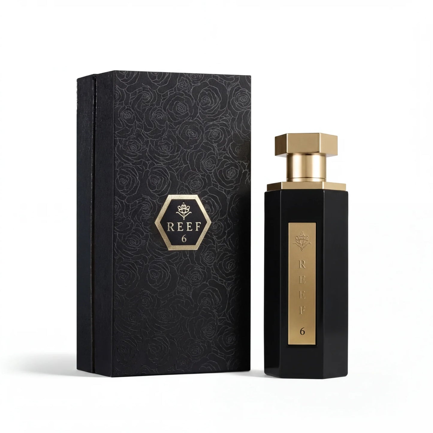 REEF 6 luxury perfume bottle with black rose-patterned box, gold accents, elegant unisex fragrance