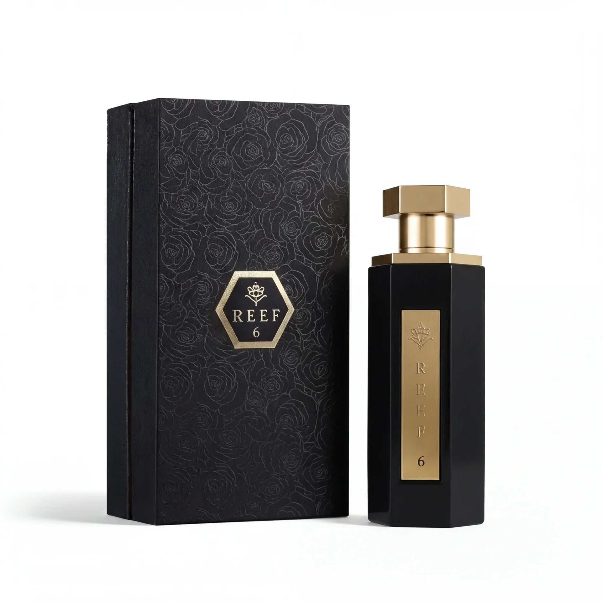 REEF 6 luxury perfume bottle with black rose-patterned box, gold accents, elegant unisex fragrance