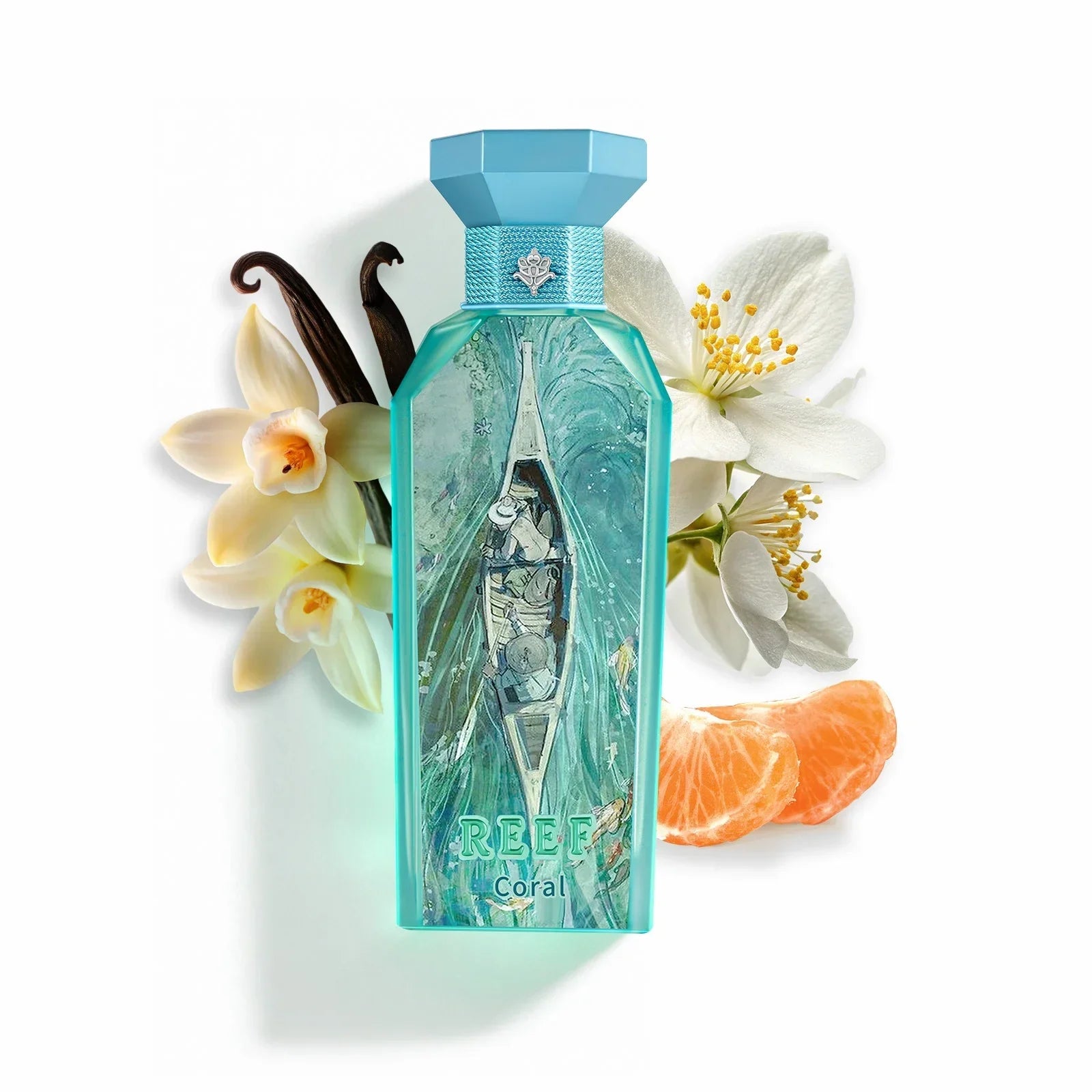 REEF Coral perfume bottle with vanilla, jasmine, and citrus, evoking oceanic freshness and oriental notes