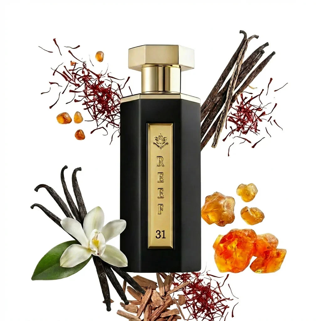 Luxury black perfume bottle with vanilla, saffron, and amber accents for exotic fragrance