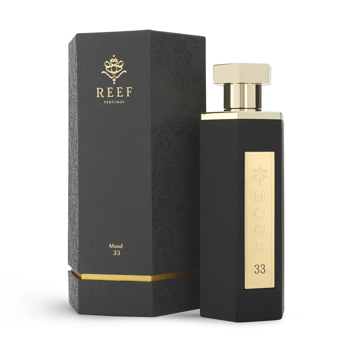 Elegant black perfume bottle with gold accents, labeled Mood 33, paired with matching box