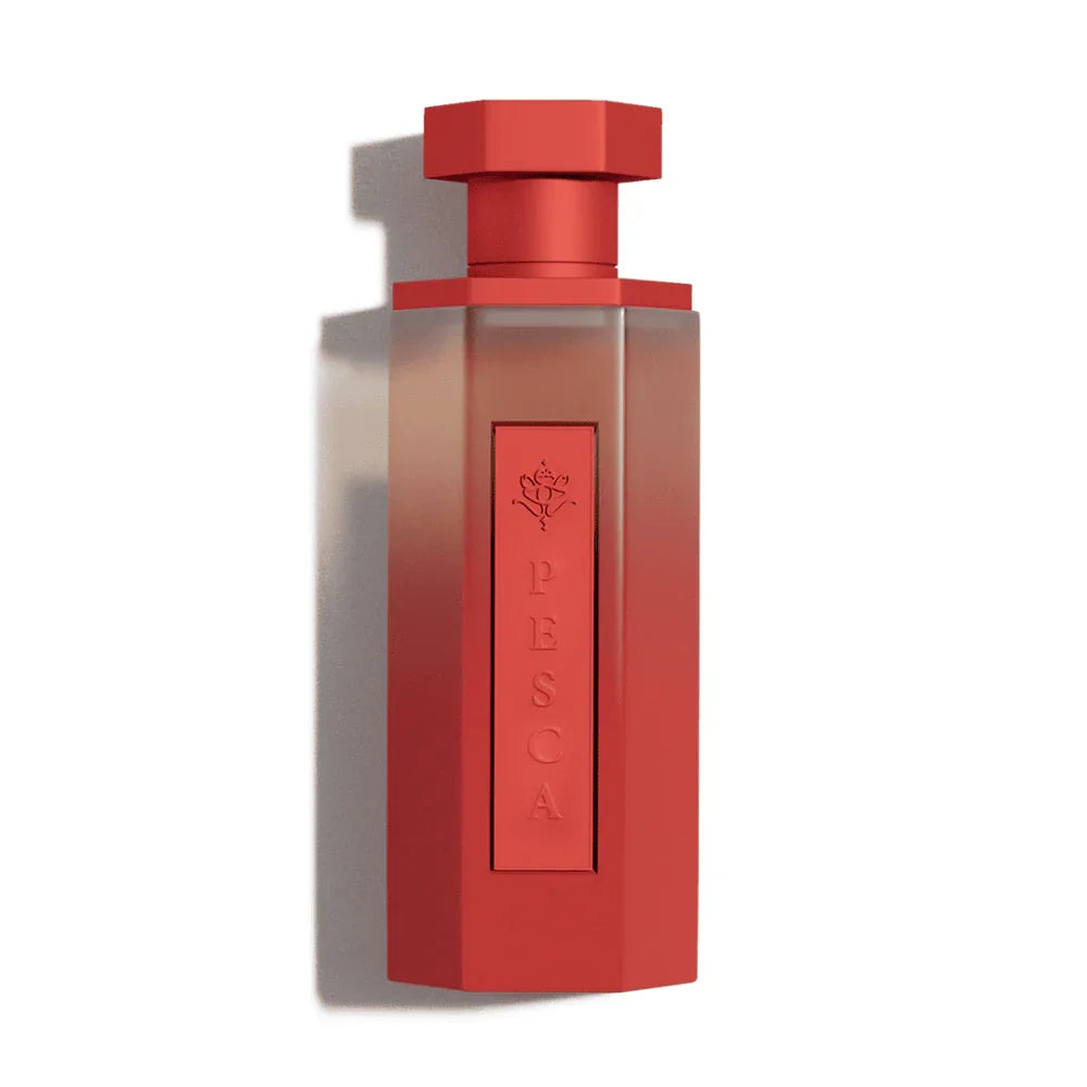 Red PESCA perfume bottle with floral emblem, evoking Oriental fragrance notes and luxury design