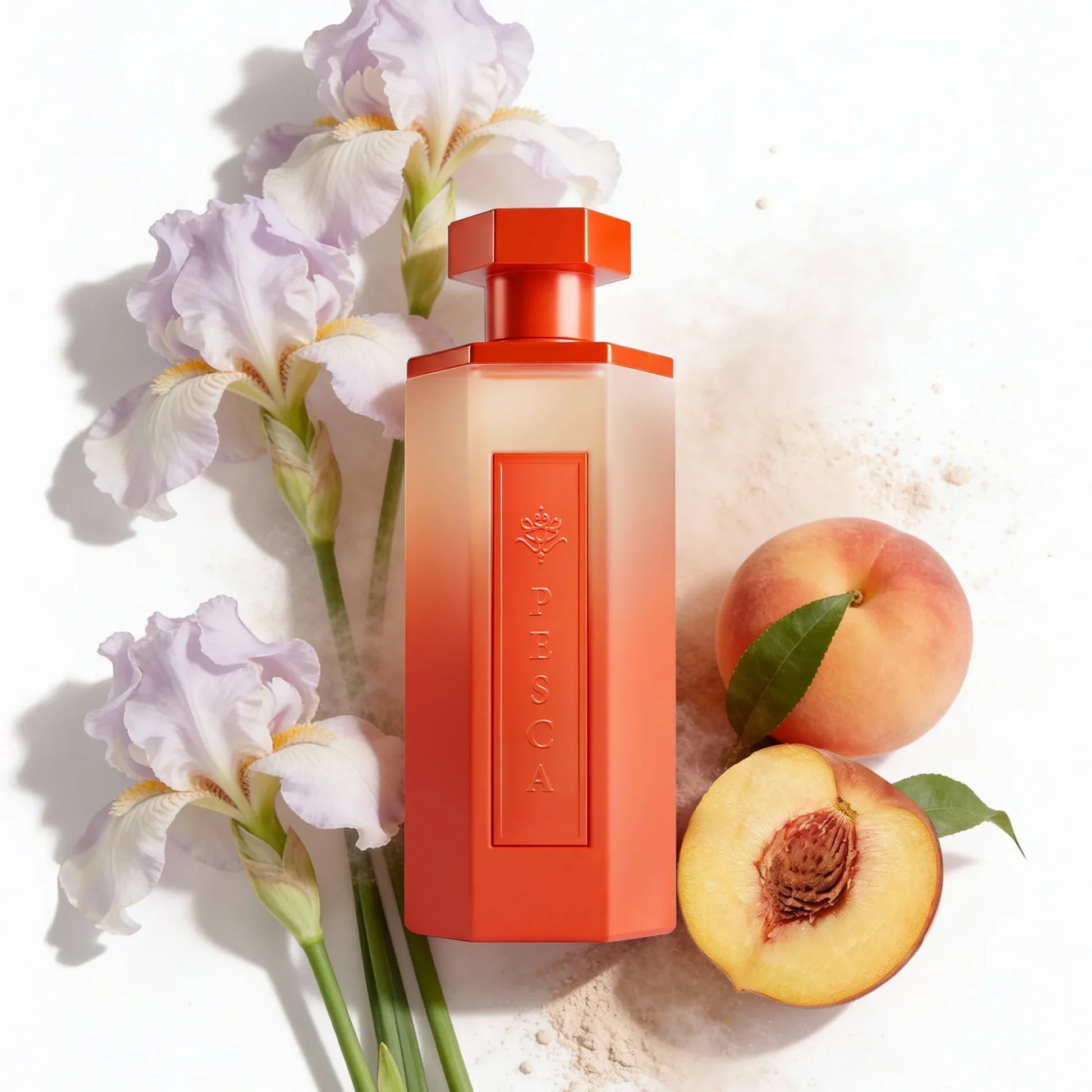 PESCA perfume bottle with peach and iris flowers, evoking Oriental fragrance notes
