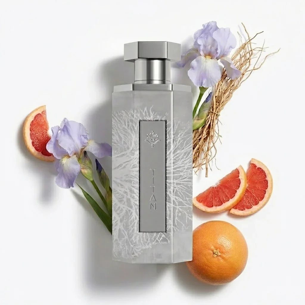 Elegant perfume bottle with iris flowers and grapefruit slices, evoking oriental fragrance notes