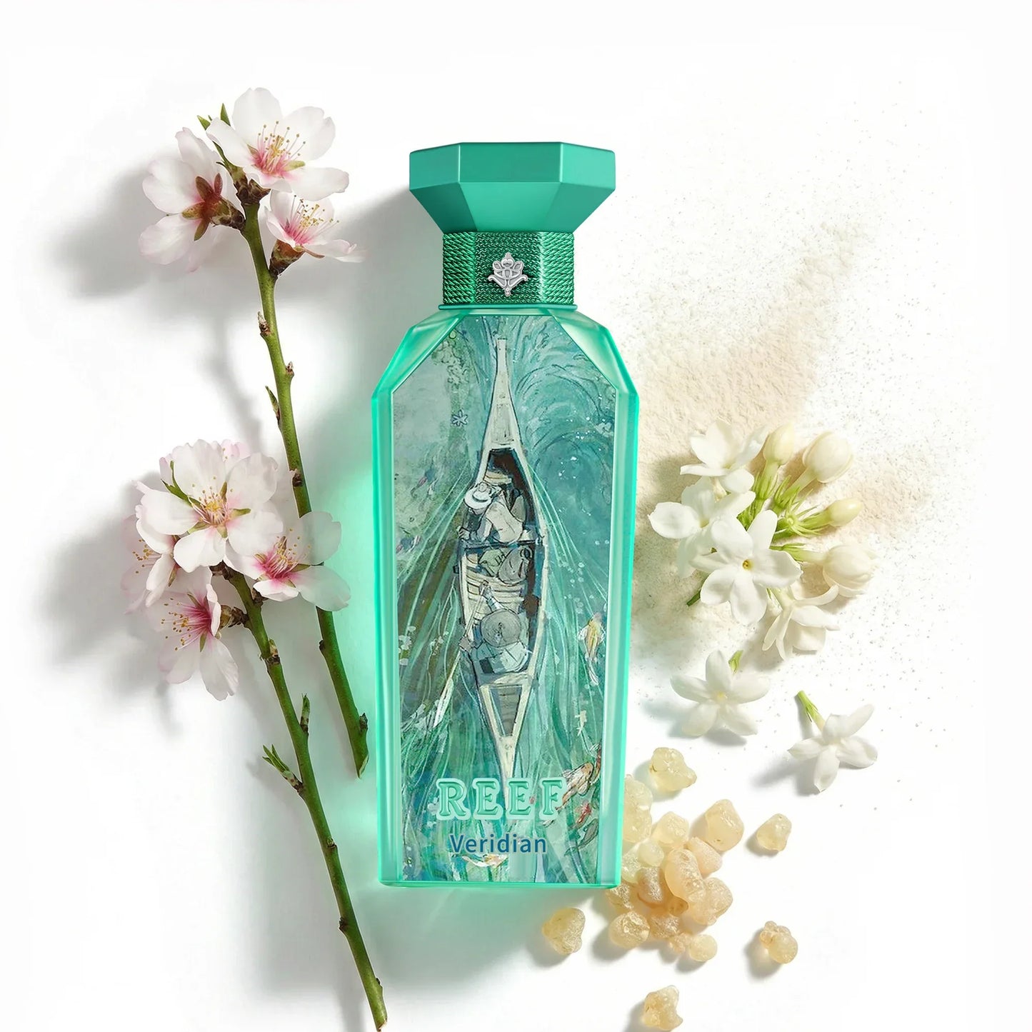 REEF Veridian perfume bottle with floral accents and artistic boat design, evoking oriental elegance