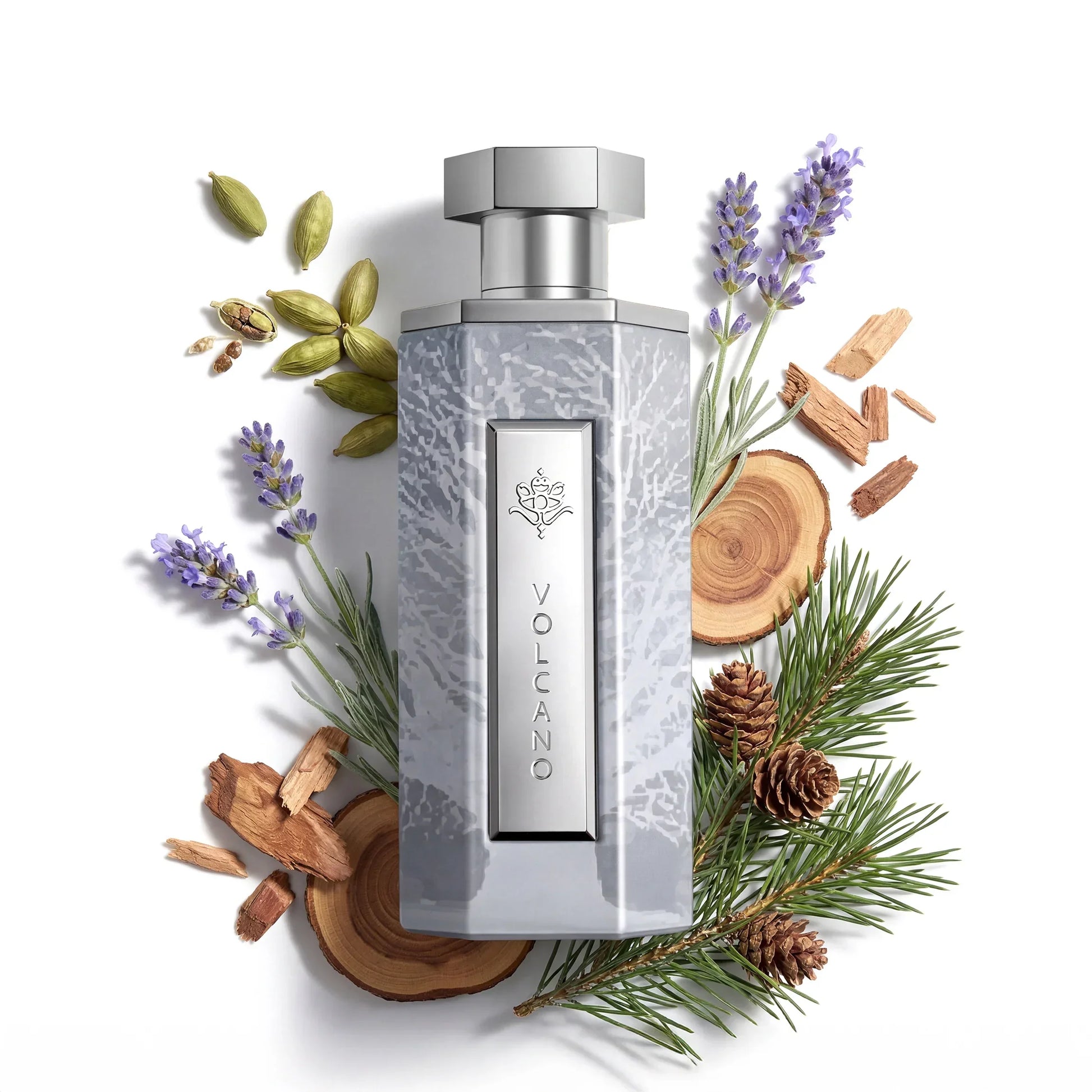 Volcano perfume bottle with lavender, pine, and wood accents for aromatic luxury