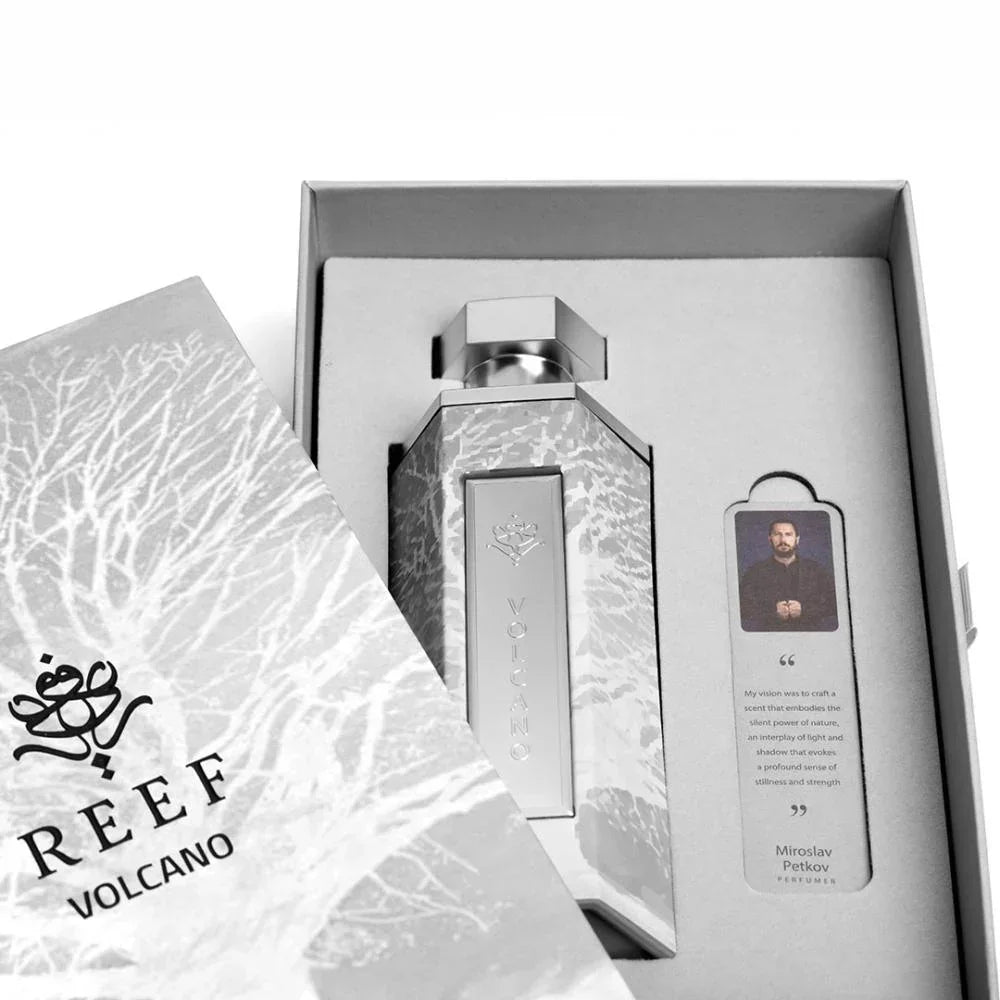 REEF Volcano perfume bottle in elegant box with designer quote card