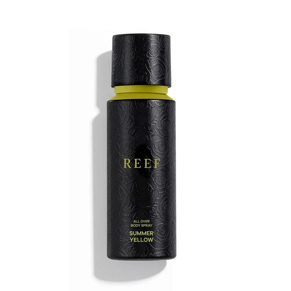 REEF Summer Yellow all over body spray with rose embossed black bottle and yellow cap